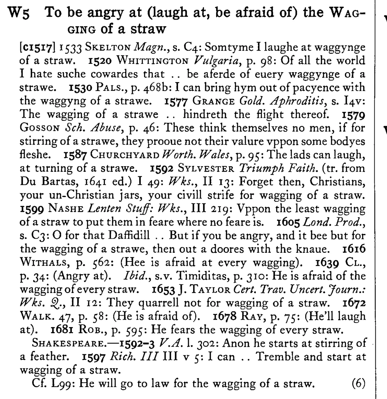 To be angry at (laugh at, be afraid of) the WAGGING of a straw - a scanned entry from Tilley's 1950 Dictionary of Proverbs.