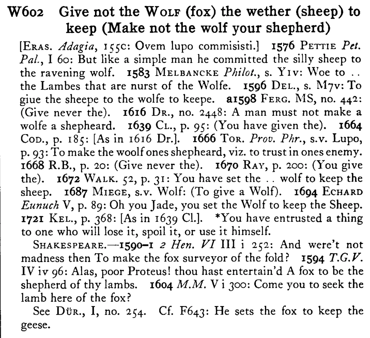 Give not the WOLF (fox) the wether (sheep) to keep (Make not the wolf your shepherd) - a scanned entry from Tilley's 1950 Dictionary of Proverbs.