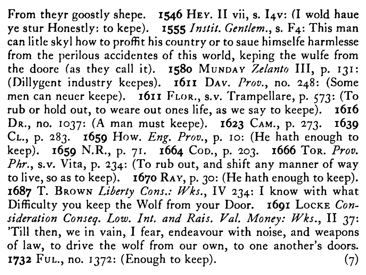 Keep the WOLF from the door - a scanned entry from Tilley's 1950 Dictionary of Proverbs. (continuation)