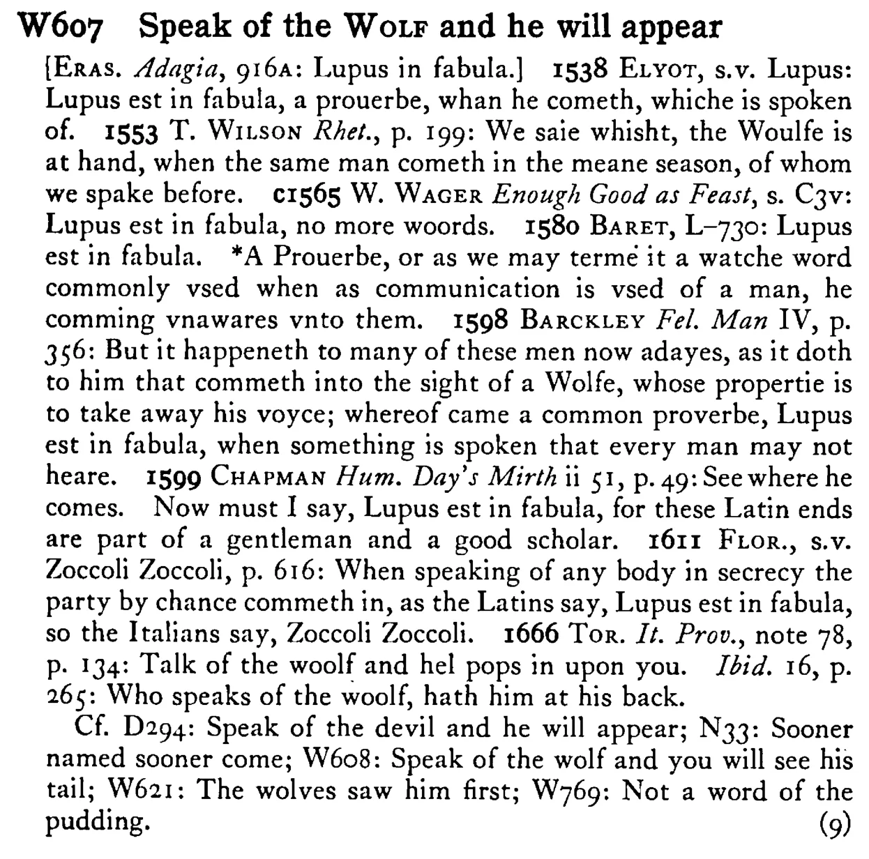 Speak of the WOLF and he will appear - a scanned entry from Tilley's 1950 Dictionary of Proverbs.