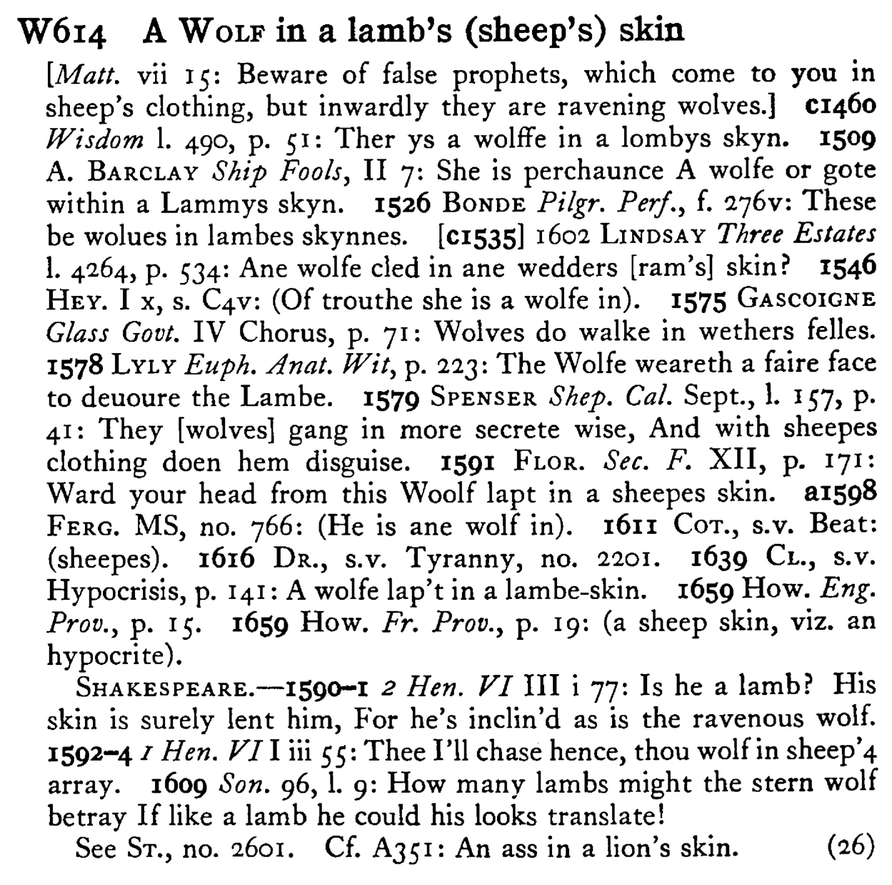 A WOLF in a lamb's (sheep's) skin - a scanned entry from Tilley's 1950 Dictionary of Proverbs.
