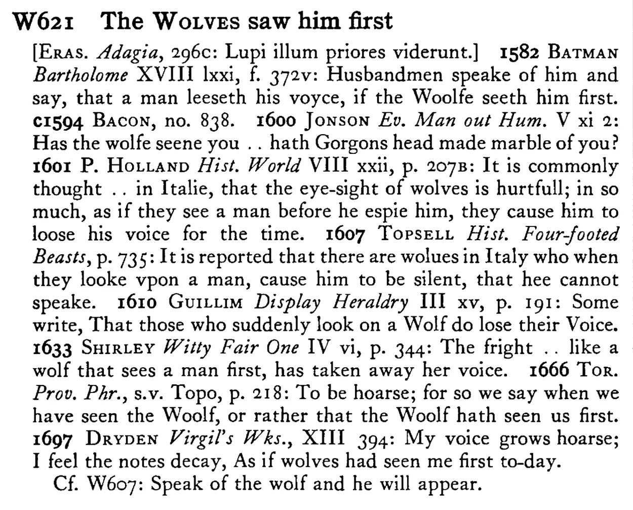 The WOLVES saw him first - a scanned entry from Tilley's 1950 Dictionary of Proverbs.
