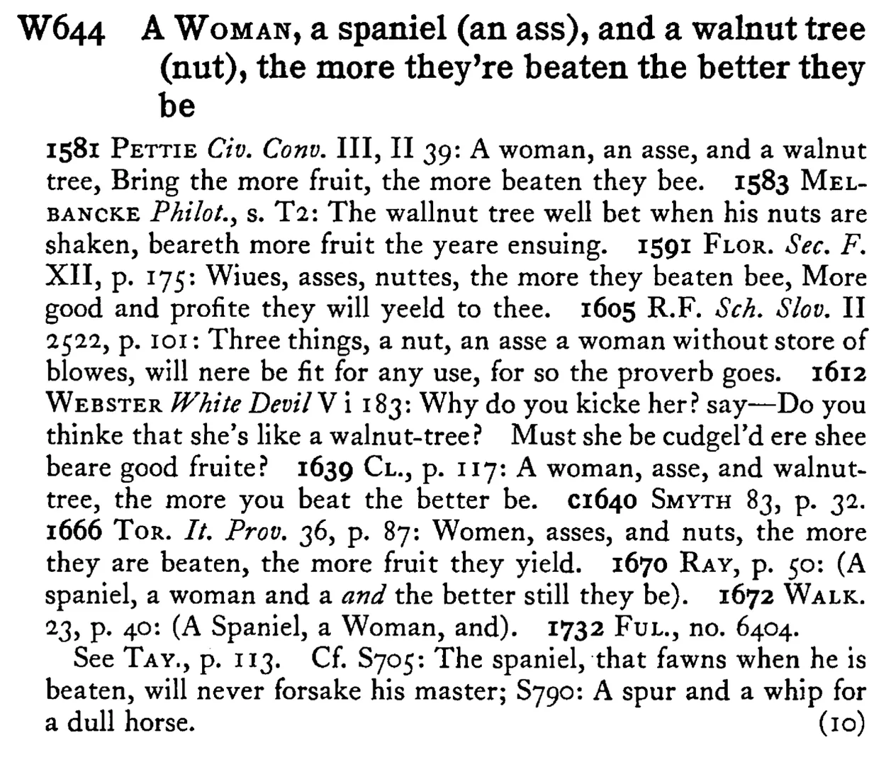 A WOMAN, a spaniel (an ass), and a walnut tree (nut), the more they're beaten the better they be - a scanned entry from Tilley's 1950 Dictionary of Proverbs.