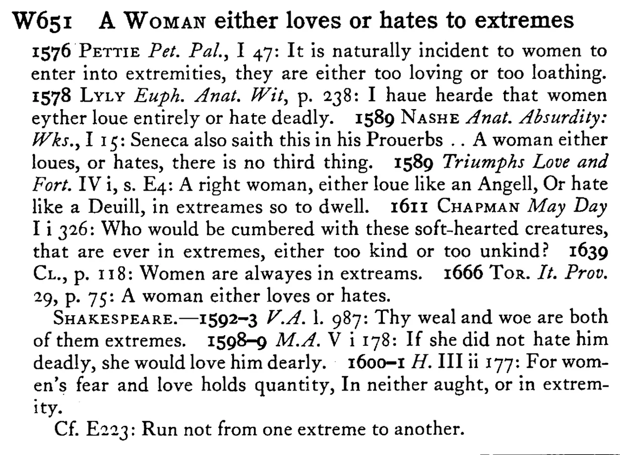 A WOMAN either loves or hates to extremes - a scanned entry from Tilley's 1950 Dictionary of Proverbs.