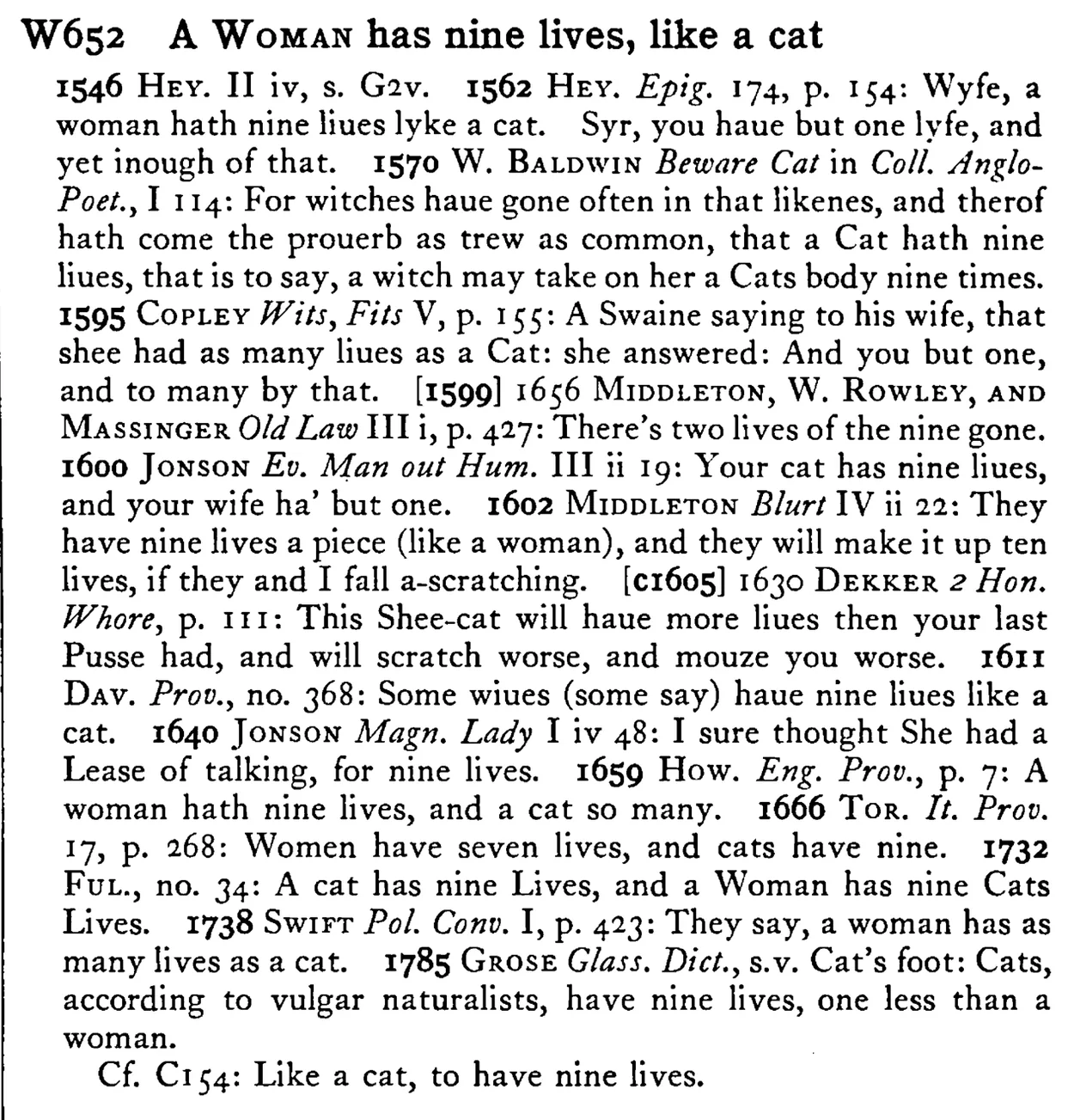 A WOMAN has nine lives, like a cat - a scanned entry from Tilley's 1950 Dictionary of Proverbs.