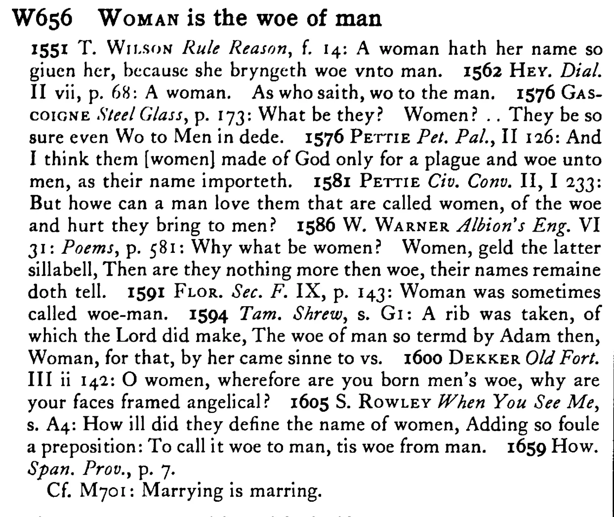 WOMAN is the woe of man - a scanned entry from Tilley's 1950 Dictionary of Proverbs.