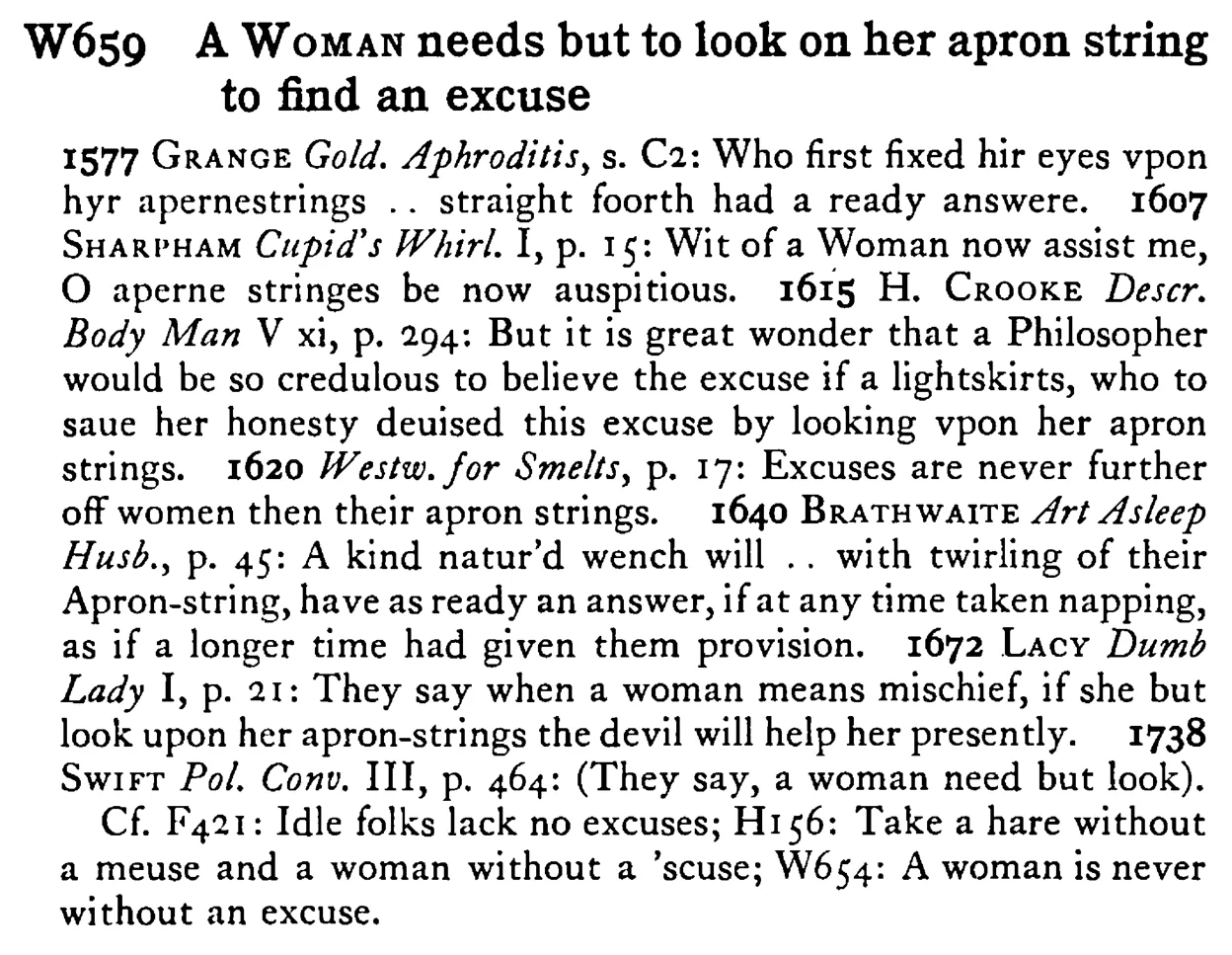 A WOMAN needs but to look on her apron string to find an excuse - a scanned entry from Tilley's 1950 Dictionary of Proverbs.