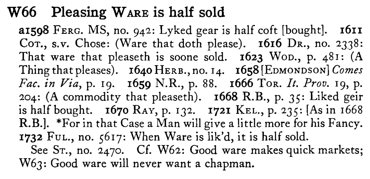 Pleasing WARE is half sold - a scanned entry from Tilley's 1950 Dictionary of Proverbs.