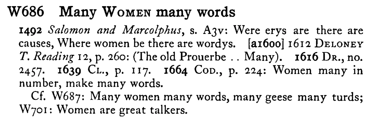 Many WOMEN many words - a scanned entry from Tilley's 1950 Dictionary of Proverbs.