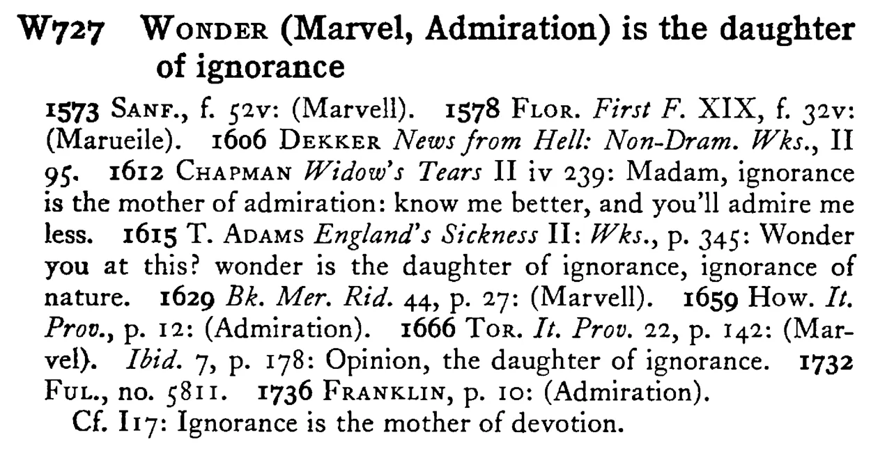WONDER (Marvel, Admiration) is the daughter of ignorance - a scanned entry from Tilley's 1950 Dictionary of Proverbs.