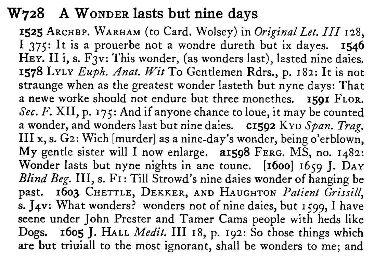 A WONDER lasts but nine days - a scanned entry from Tilley's 1950 Dictionary of Proverbs.