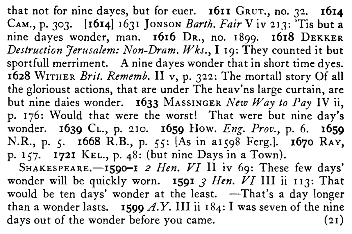 A WONDER lasts but nine days - a scanned entry from Tilley's 1950 Dictionary of Proverbs. (continuation)