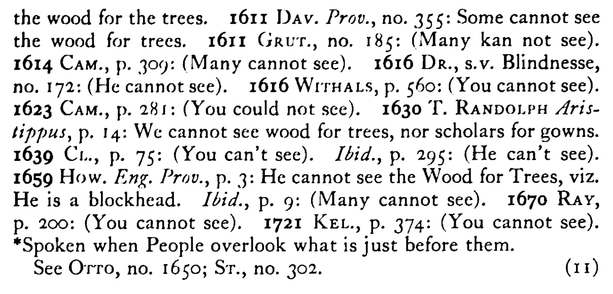 Not to be able to see WOOD for trees - a scanned entry from Tilley's 1950 Dictionary of Proverbs. (continuation)