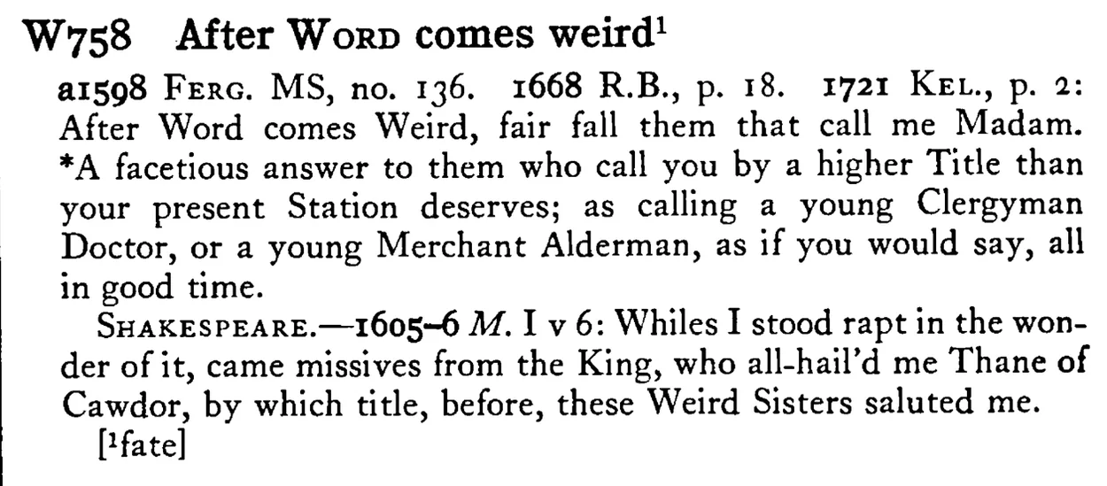 After WORD comes weird - a scanned entry from Tilley's 1950 Dictionary of Proverbs.