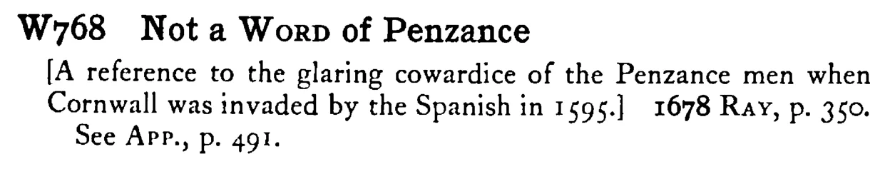 Not a WORD of Penzance - a scanned entry from Tilley's 1950 Dictionary of Proverbs.