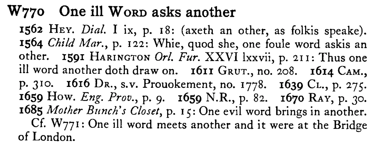One ill WORD asks another - a scanned entry from Tilley's 1950 Dictionary of Proverbs.