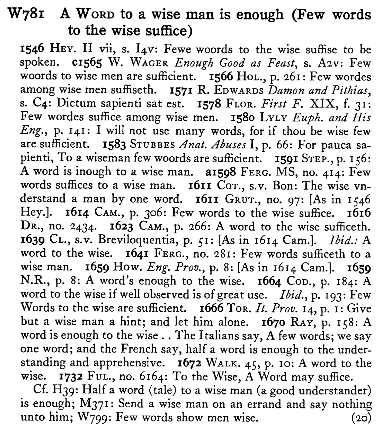 A WORD to a wise man is enough (Few words to the wise suffice) - a scanned entry from Tilley's 1950 Dictionary of Proverbs.