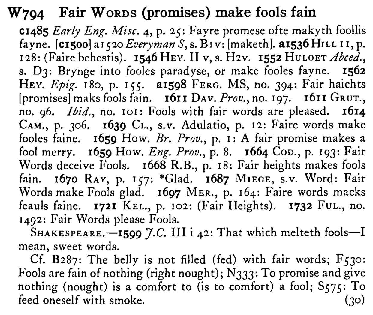 Fair WORDS (promises) make fools fain - a scanned entry from Tilley's 1950 Dictionary of Proverbs.