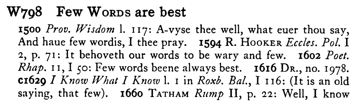 Few WORDS are best - a scanned entry from Tilley's 1950 Dictionary of Proverbs.