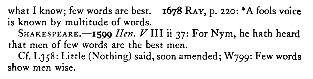 Few WORDS are best - a scanned entry from Tilley's 1950 Dictionary of Proverbs. (continuation)