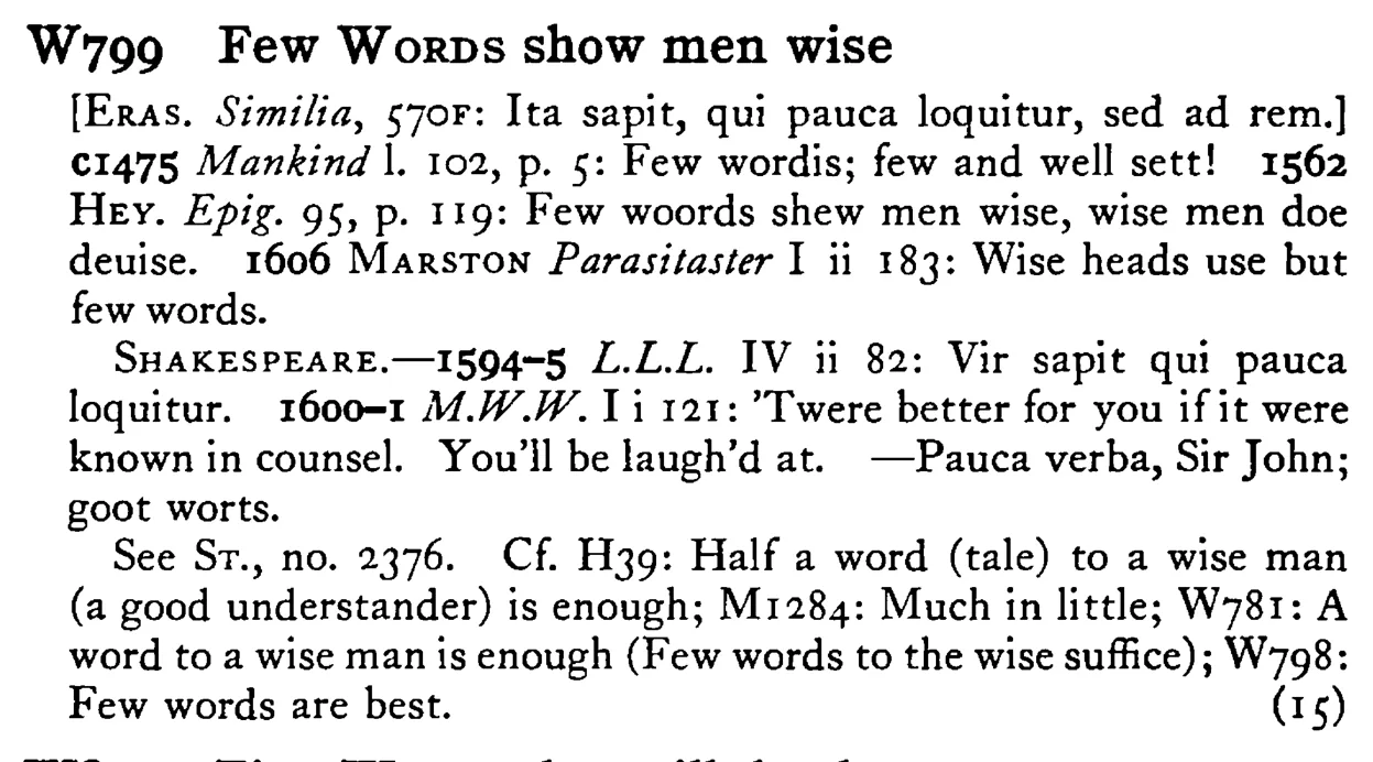 Few WORDS show men wise - a scanned entry from Tilley's 1950 Dictionary of Proverbs.