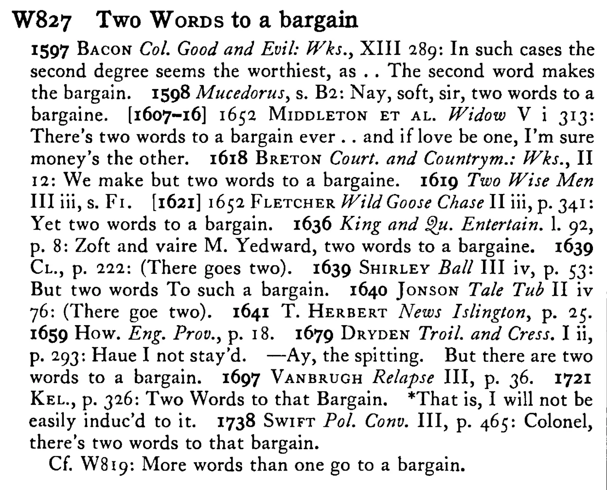 Two WORDS to a bargain - a scanned entry from Tilley's 1950 Dictionary of Proverbs.