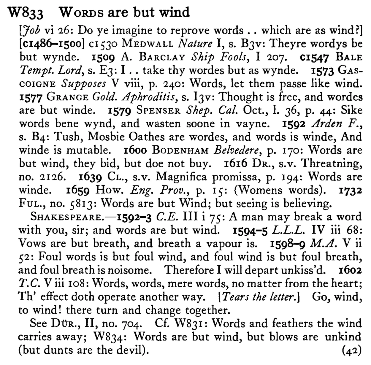 WORDS are but wind - a scanned entry from Tilley's 1950 Dictionary of Proverbs.