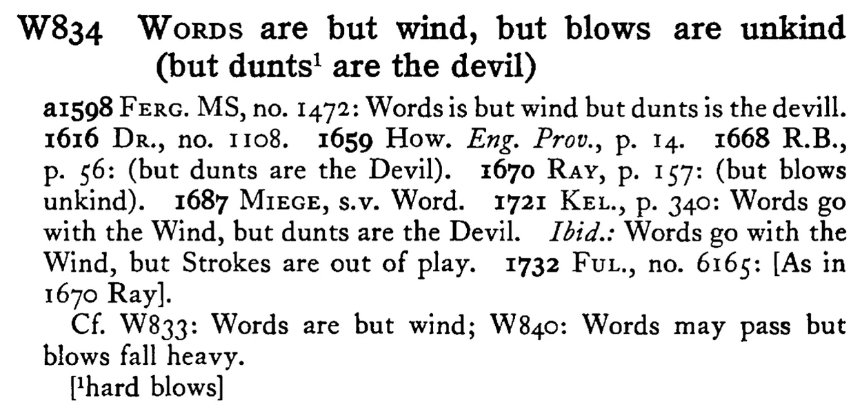 WORDS are but wind, but blows are unkind (but dunts¹ are the devil) - a scanned entry from Tilley's 1950 Dictionary of Proverbs.