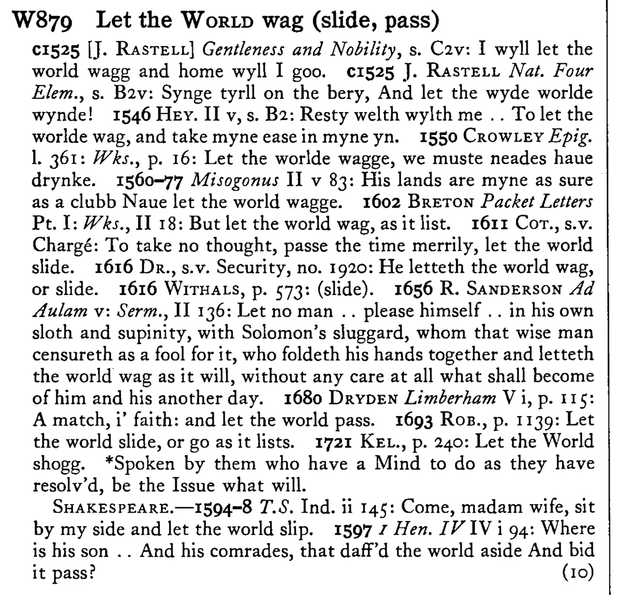 Let the WORLD wag (slide, pass) - a scanned entry from Tilley's 1950 Dictionary of Proverbs.