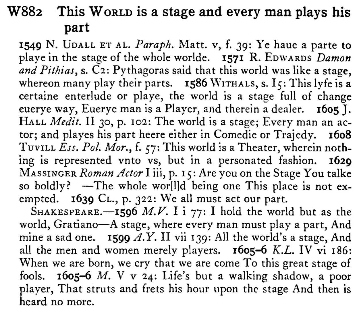 This WORLD is a stage and every man plays his part - a scanned entry from Tilley's 1950 Dictionary of Proverbs.