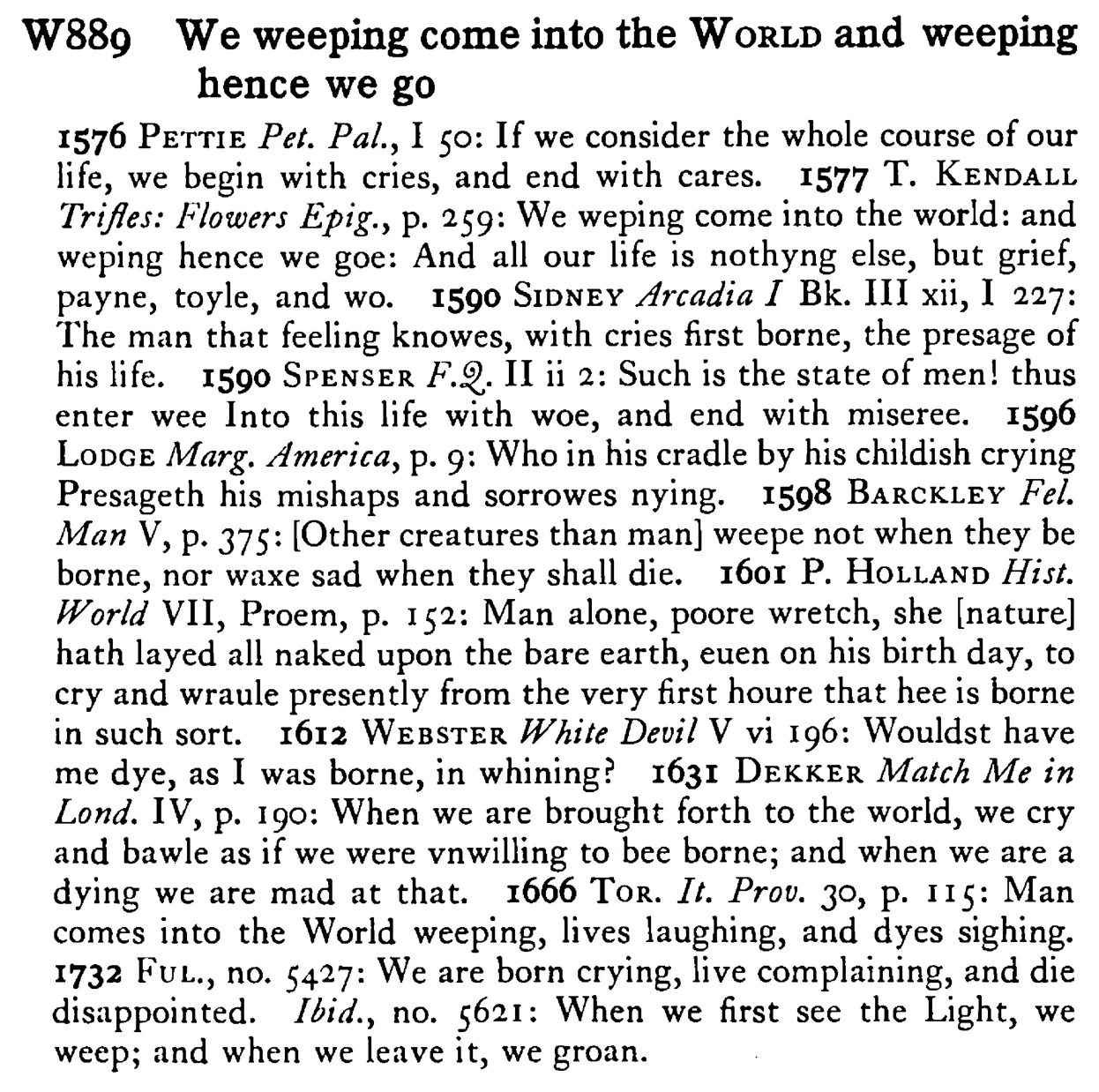 We weeping come into the WORLD and weeping hence we go - a scanned entry from Tilley's 1950 Dictionary of Proverbs.