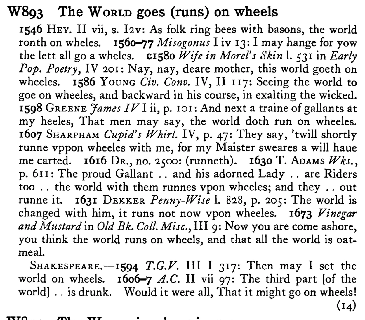 The WORLD goes (runs) on wheels - a scanned entry from Tilley's 1950 Dictionary of Proverbs.