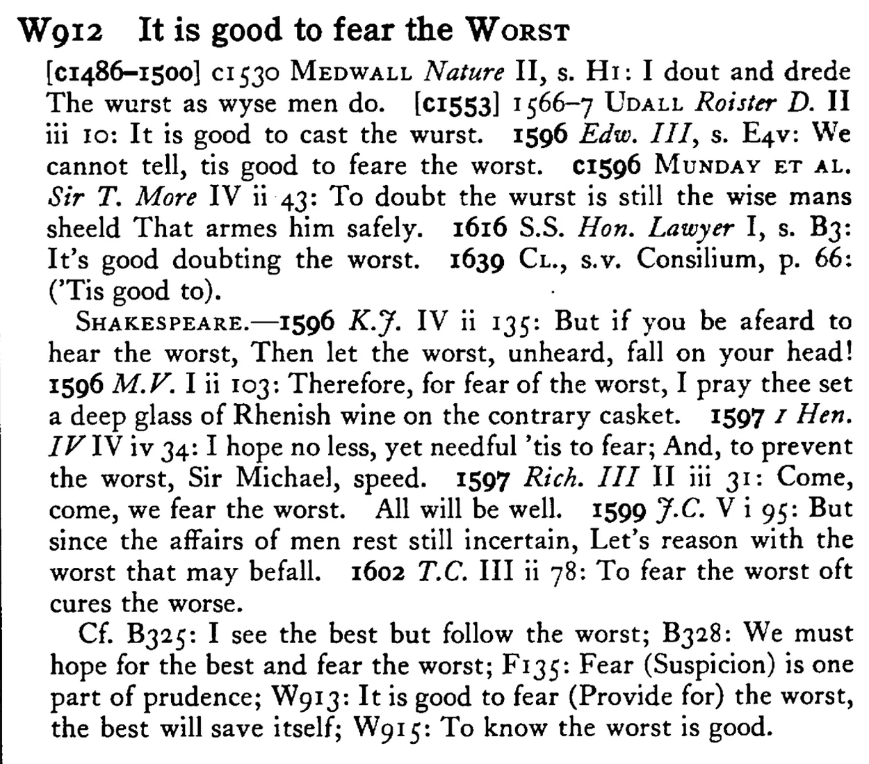 It is good to fear the WORST - a scanned entry from Tilley's 1950 Dictionary of Proverbs.