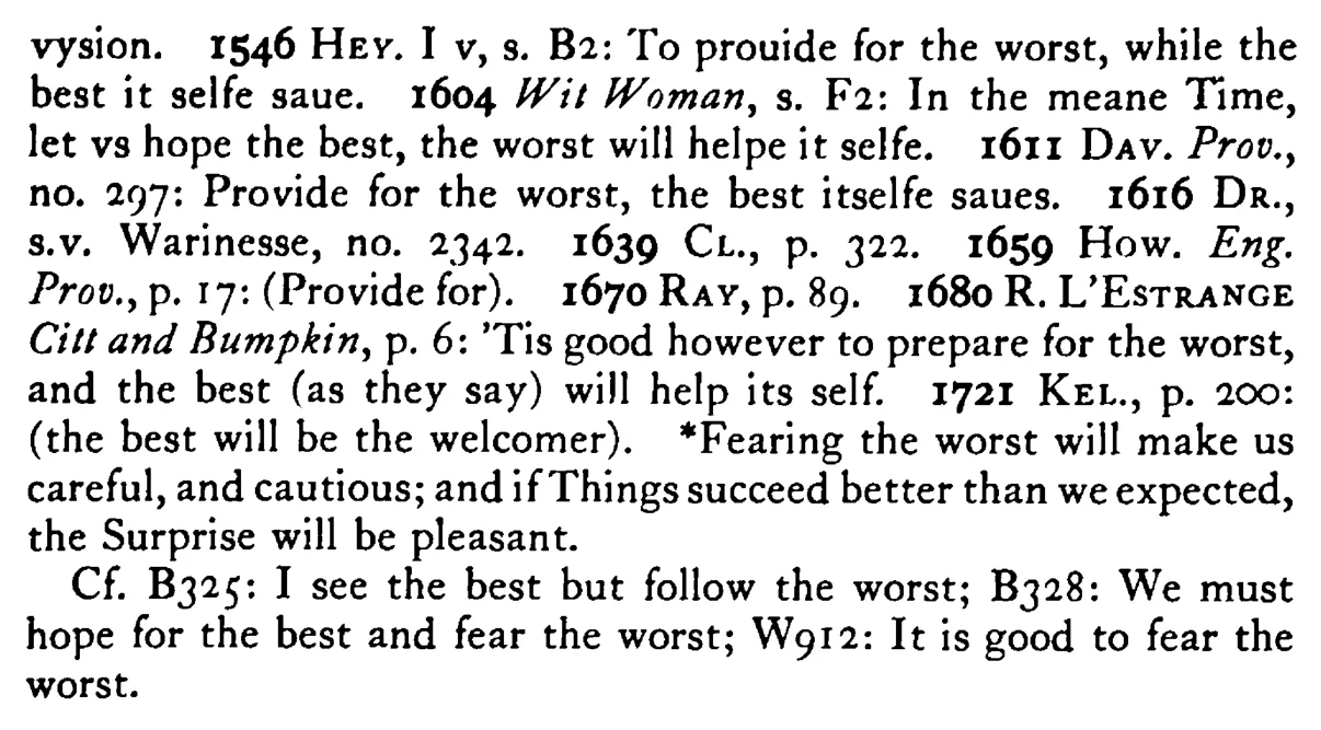 It is good to fear (Provide for) the WORST, the best will save itself - a scanned entry from Tilley's 1950 Dictionary of Proverbs. (continuation)