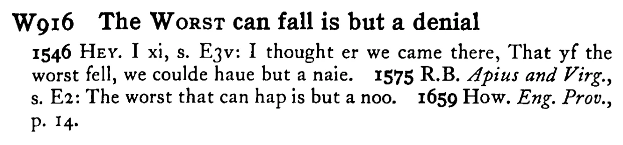 The WORST can fall is but a denial - a scanned entry from Tilley's 1950 Dictionary of Proverbs.