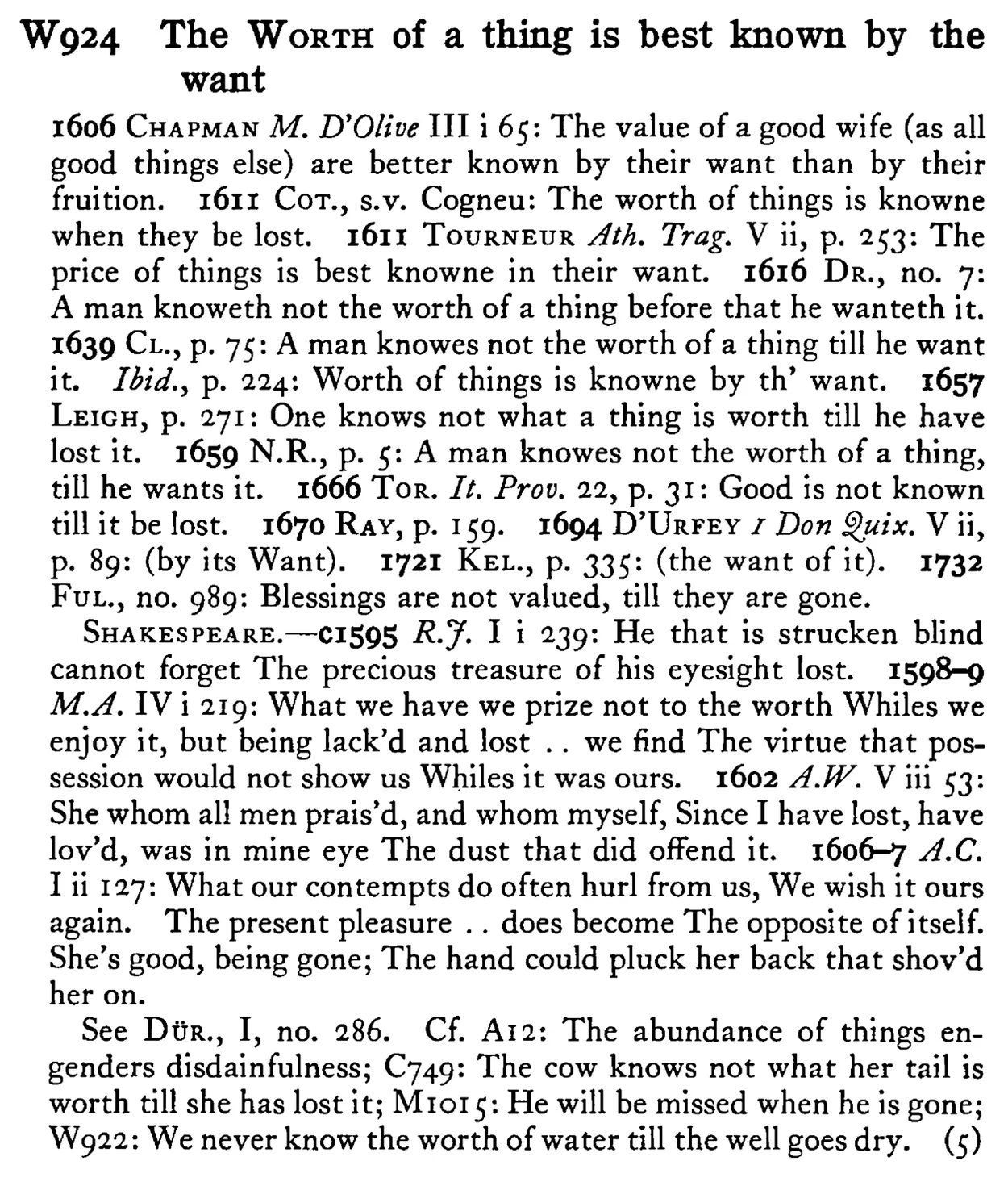 The WORTH of a thing is best known by the want - a scanned entry from Tilley's 1950 Dictionary of Proverbs.