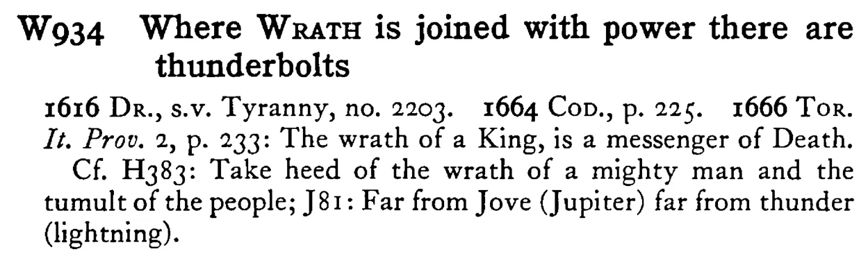 Where WRATH is joined with power there are thunderbolts - a scanned entry from Tilley's 1950 Dictionary of Proverbs.