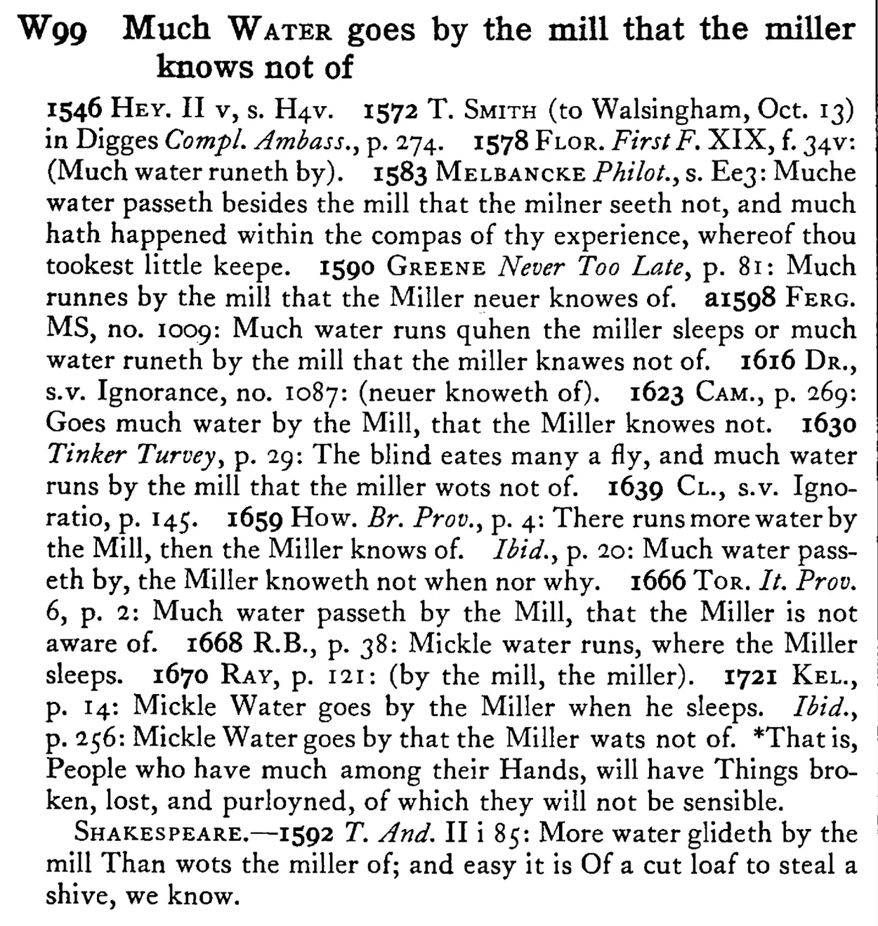 Much WATER goes by the mill that the miller knows not of - a scanned entry from Tilley's 1950 Dictionary of Proverbs.