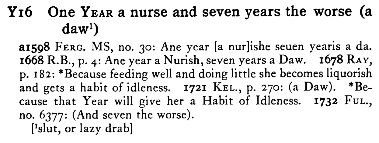 One YEAR a nurse and seven years the worse (a daw¹) - a scanned entry from Tilley's 1950 Dictionary of Proverbs.