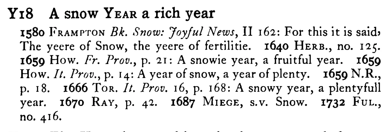 A snow YEAR a rich year - a scanned entry from Tilley's 1950 Dictionary of Proverbs.