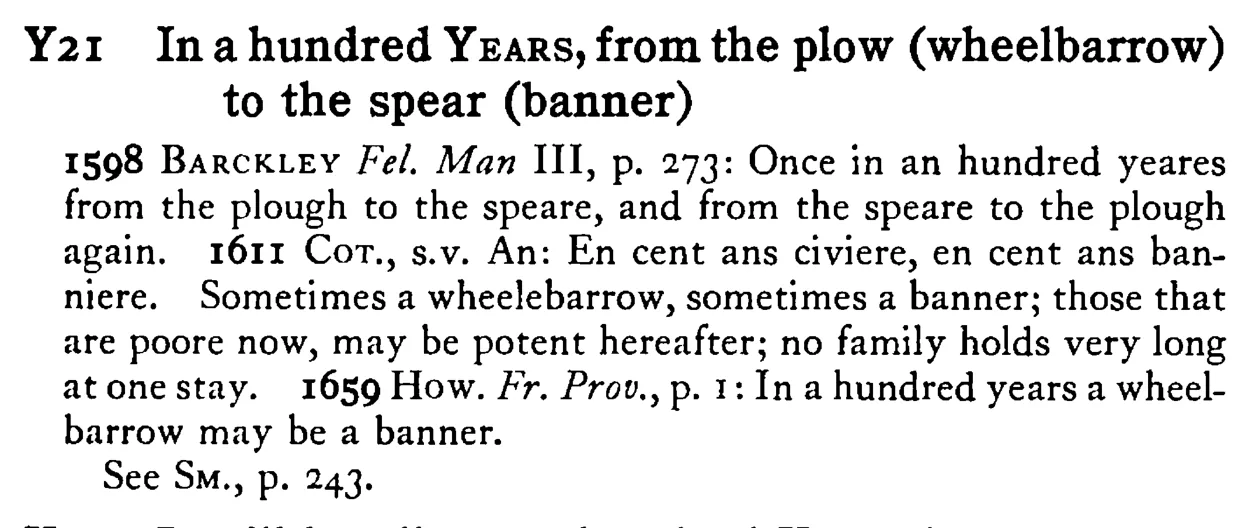 In a hundred YEARS, from the plow (wheelbarrow) to the spear (banner) - a scanned entry from Tilley's 1950 Dictionary of Proverbs.