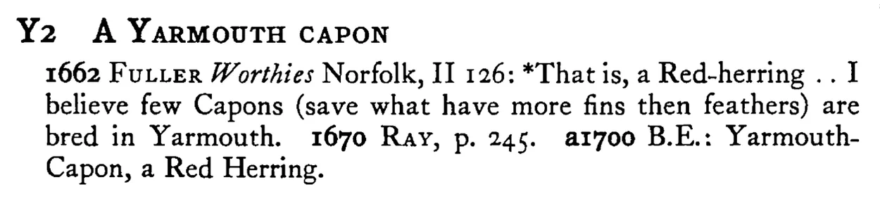 A YARMOUTH CAPON - a scanned entry from Tilley's 1950 Dictionary of Proverbs.