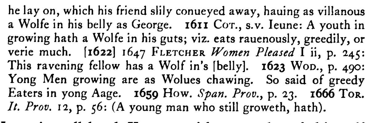 A growing YOUTH has a wolf in his belly - a scanned entry from Tilley's 1950 Dictionary of Proverbs. (continuation)